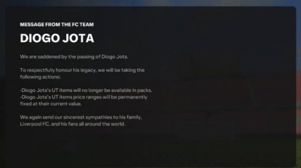 FC25 mourns Jota: Out of respect, Jota UT card will no longer appear in the card package & value lock