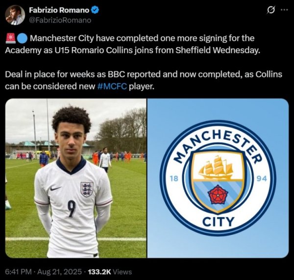 +1 in youth training, Romano: Manchester City signs U15 player Romario Collins from Sherry on Wednesday
